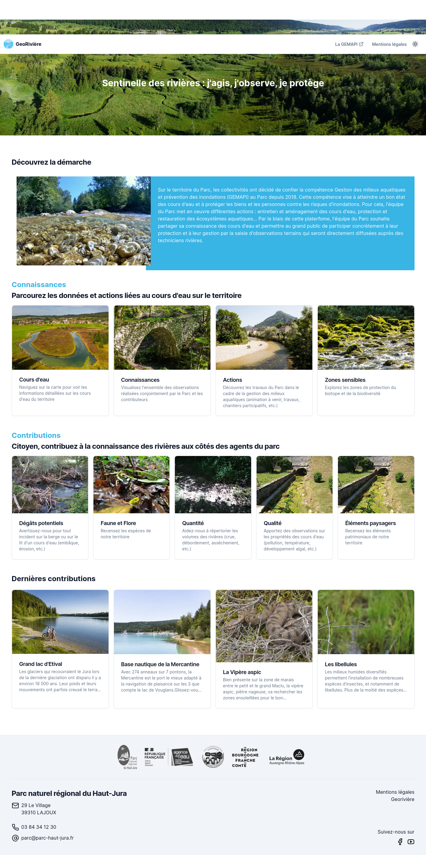 Page d'accueil du site internet Georiviere du PNR Haut Jura